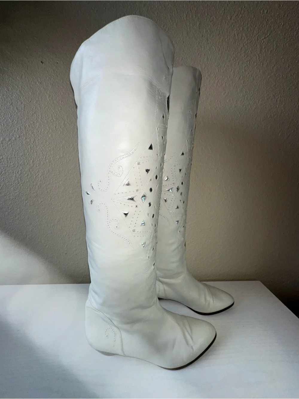 Vintage Caporicci White Western Knee High Boots Game Day Festival Bride Bridal 8
